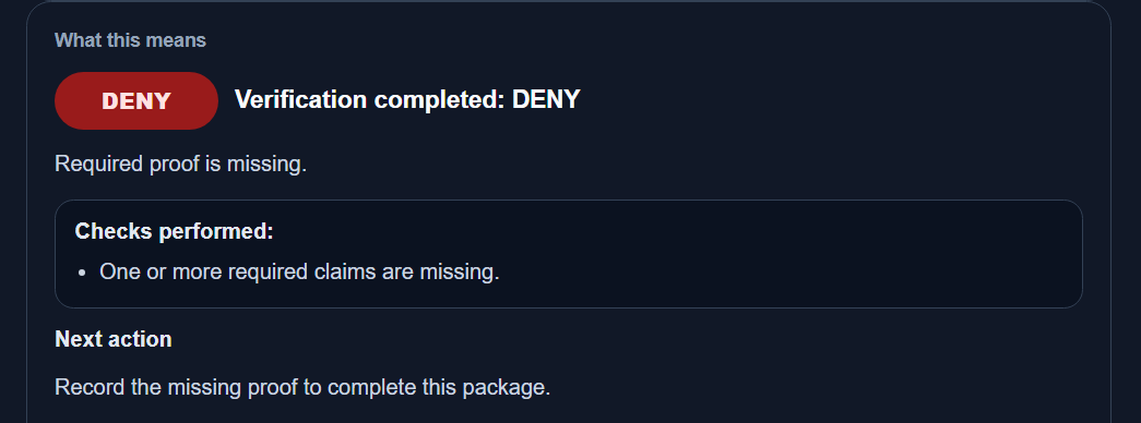 Trustify verification result showing DENY with missing required proof