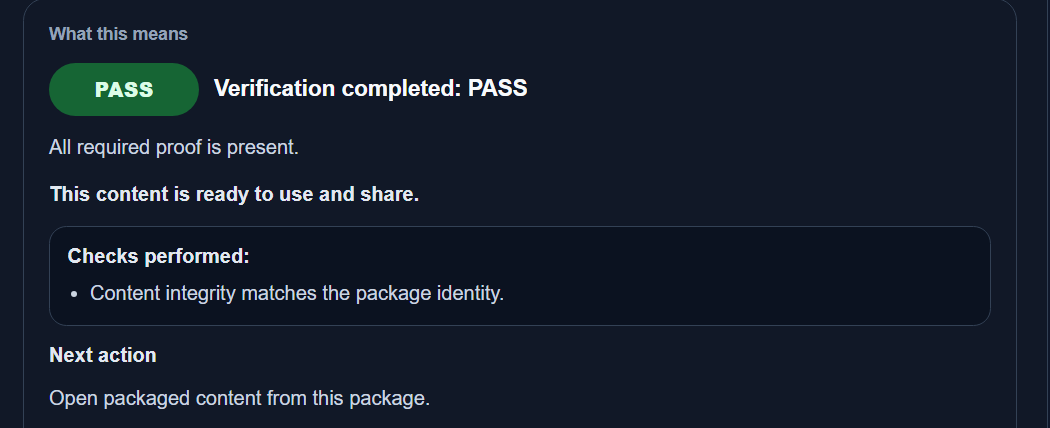 Trustify verification result showing PASS with all required proof present